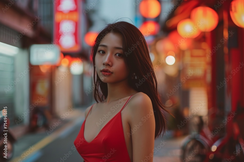 young stylish chineese woman wearing red dress in the city young stylish chineese woman wearing red dress in the city