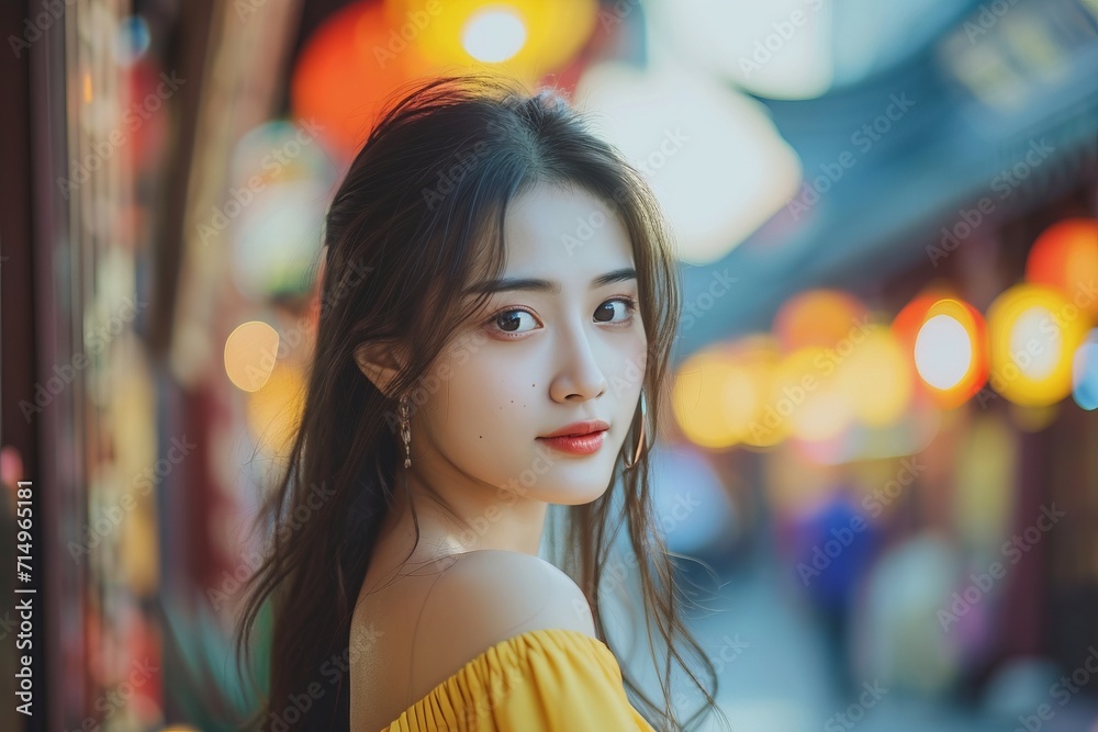 young stylish chineese woman wearing  red dress in the city