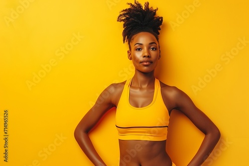 a young black woman wearing sport clothes in yellow background with copy space