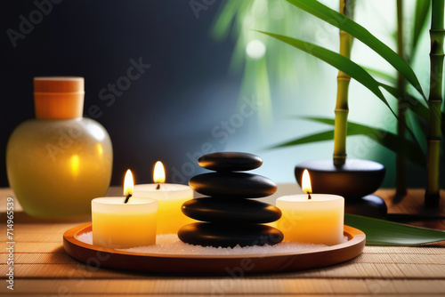 Stacked round black stones  sea salt  massage oil and burning candles with warm light on a wooden tray on a table with bamboo leaves in a spa salon. Beauty therapy  aromatherapy  relax  zen concept.
