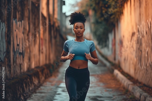 a full body photo of a young black woman wearing sport clothes running outdoors
