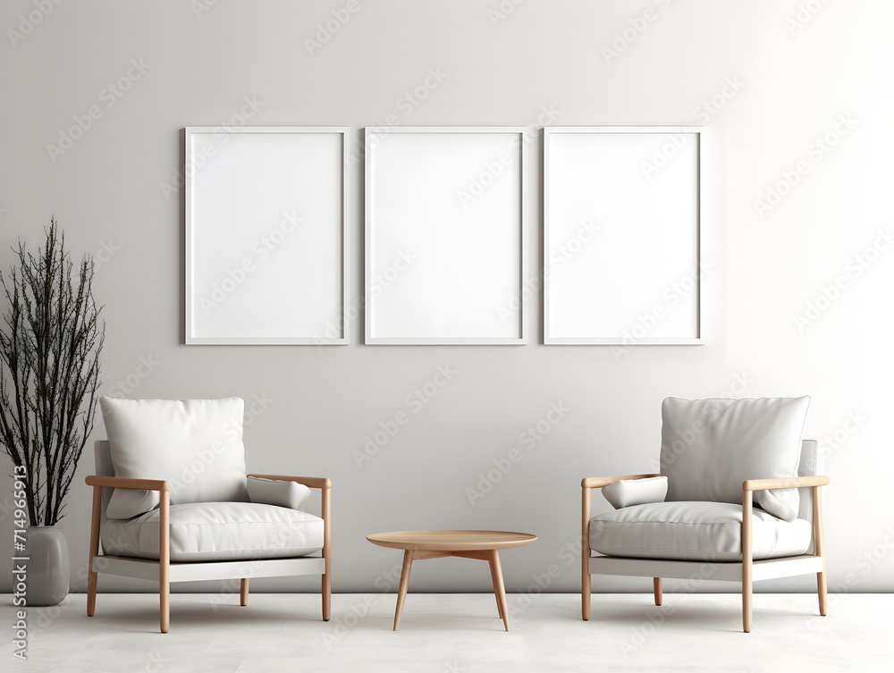 3D living room with three chairs and three blank white frame mockups 3D living room with three chairs and three blank white frame mockups