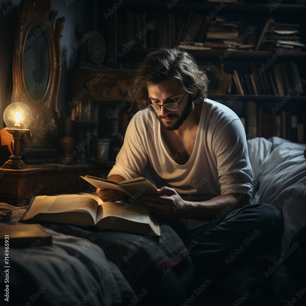 young guy reading a book on the bed,AI Generation young guy reading a book on the bed,AI Generation
