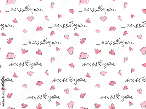 Romantic seamless pattern. Doodle heart outline and miss you handwritten lettering. Love line drawn background. Valentine's day, love letter illustration