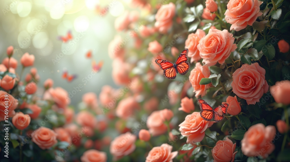 butterflies in blooming flowers, floral background