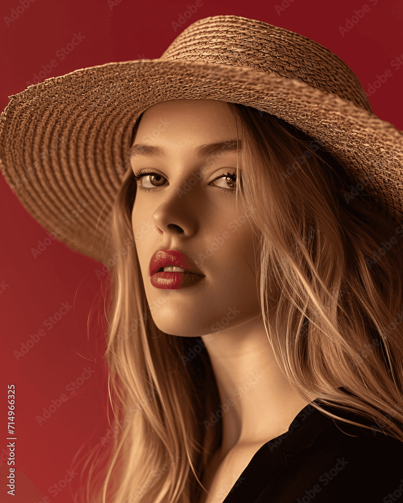 Beautiful blond woman wearing straw hat. Summer portrait against red background. Beautiful blond woman wearing straw hat. Summer portrait against red background.