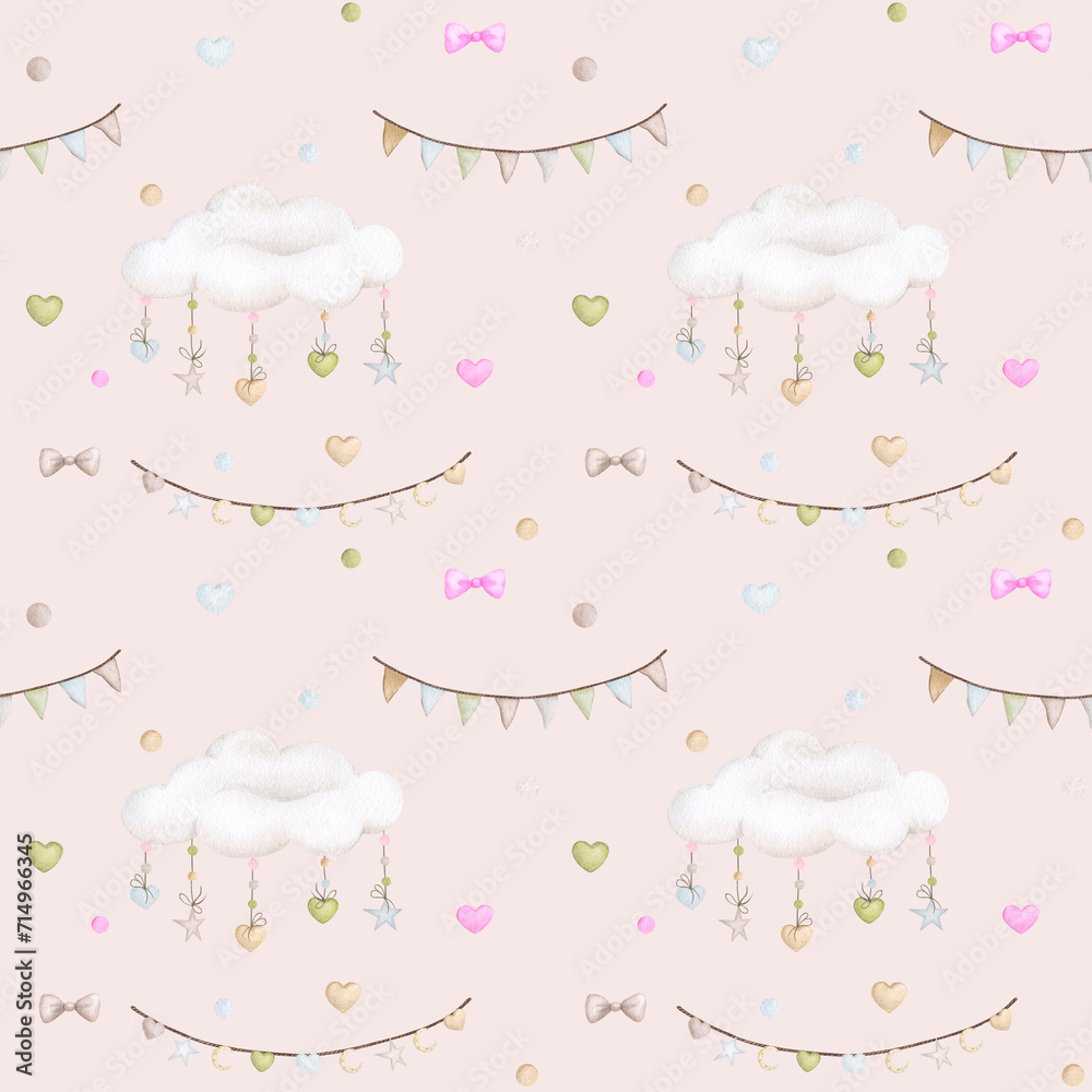 Baby festive seamless pattern on a beige background. Watercolor background in pastel colors. Children's party, baby shower, birthday. Design of wallpaper, cards, wrapping paper, fabric, stationery.