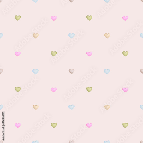 Delicate hearts on a beige background. Seamless watercolor pattern. Children's party, baby shower, birthday, Valentine's Day. Design for wallpaper, cards, wrapping paper, stationery.