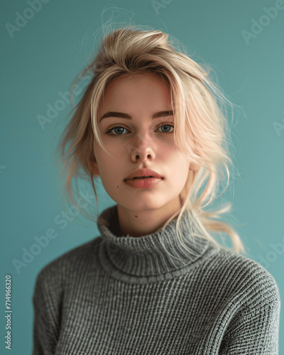 Natural Beauty in Cozy Knits: Casual Portrait of a Young Woman with Messy Bun