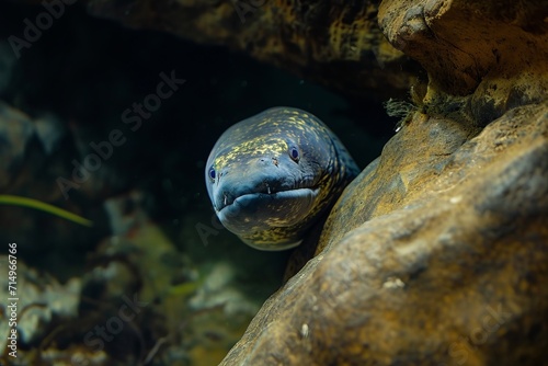 a moray eel coming out from the rocks underwater in the sea