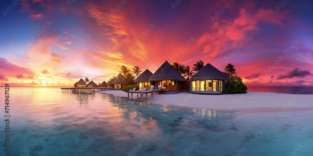 Tropical beach panorama view, Bungalows stay in Sea, coastline with palms, Caribbean sea under sunset light, summer evening time, Tropical seascape with Bungalows, turquoise 