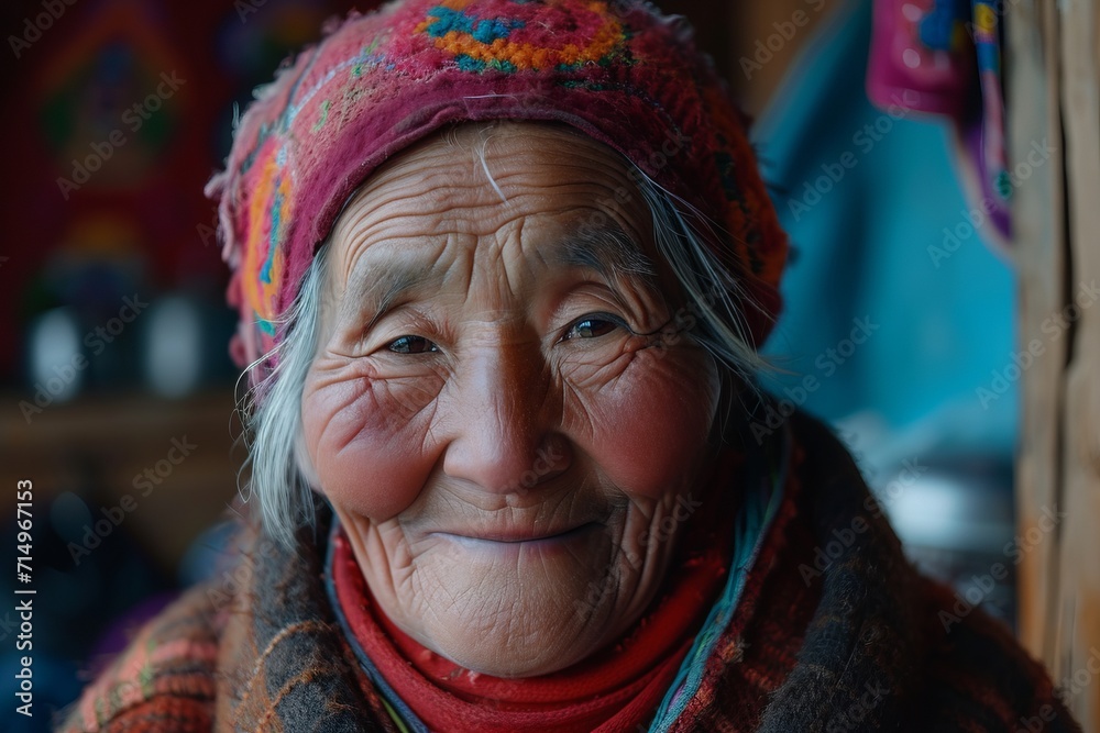 a tibetan oldwoman looking to camera with a smile 
