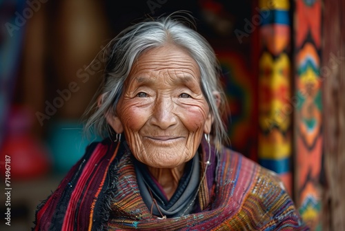 a tibetan oldwoman looking to camera with a smile 