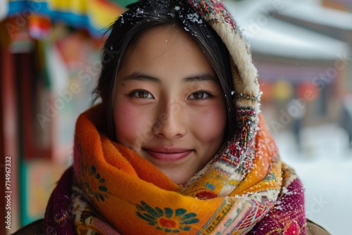 portrait of a young tibetan woman wearing traditional tibetan clothes  smiling to camera © urdialex