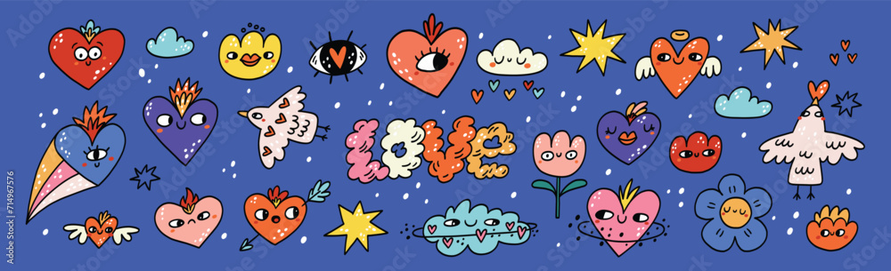 Cute hearts and flowers characters. Cartoon stickers set or icons with lovely hearts. Love hand drawn valentine illustration. Flat vector isolated on white background Cute hearts and flowers characters. Cartoon stickers set or icons with lovely hearts. Love hand drawn valentine illustration. Flat vector isolated on white background