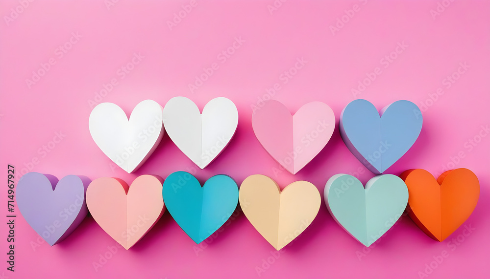 White wooden hearts with coloured centres in a row on a pink background for valentine's day concept created with generative ai	
