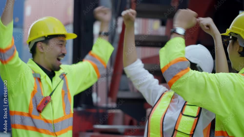 Young Asian workers holding hands to celebrate success working with cargo ship background, freight transport, logistics Young Asian workers holding hands to celebrate success working with cargo ship background, freight transport, logistics