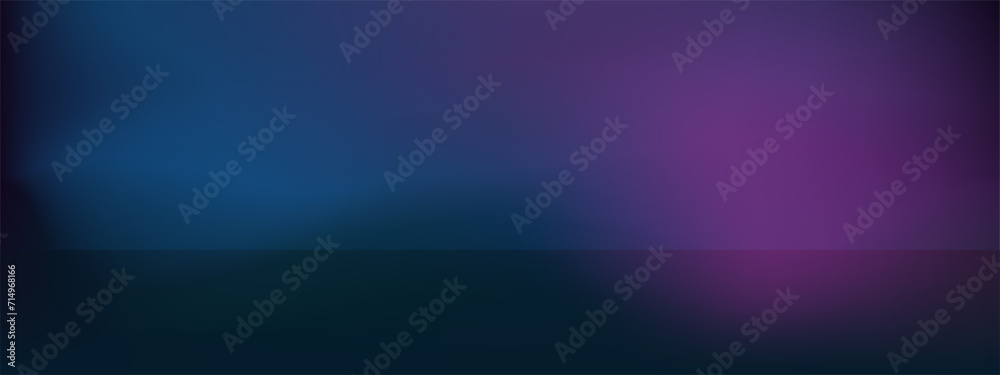 Empty dark room with color gradient. Wide background for product placement, advertising banner. Beautiful bright transition of light in the dark.