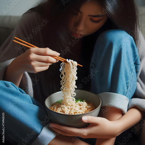 Closeup of a half-bodied girl sitting and eating instant noodles in a bowl  feeling sad.