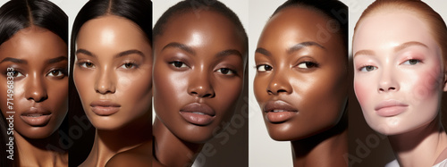 Five women with diverse skin tones showcasing natural beauty and flawless makeup, ideal for beauty campaigns. photo