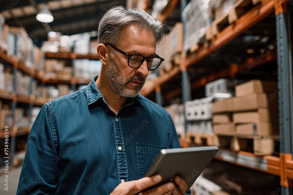 Man in a blue shirt looking at a tablet computer in a warehouse. Generative AI Man in a blue shirt looking at a tablet computer in a warehouse. Generative AI