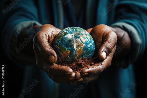 An image featuring the Earth cradled in a pair of gentle, mending hands, symbolizing the collective responsibility and care needed to repair the planet 
