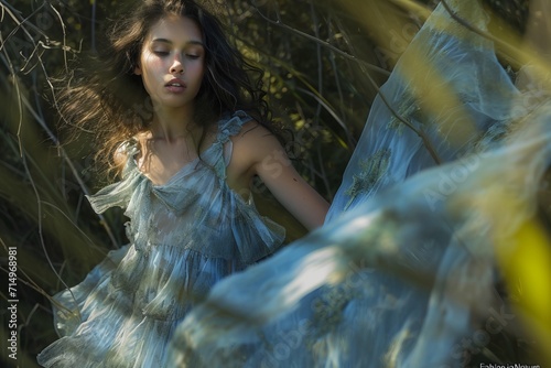 young fashion model wearing organic clothes in the forest