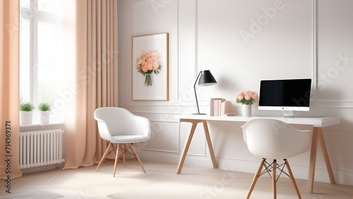 Modern interior of workplace in light peach colour, neoclassic style photo