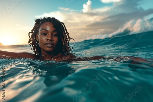 young black woman swimming happily  in the water of a relaxing tropical sea  photo