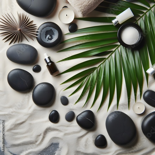 hot-stone-massage-palm-leaf-candles-sand. The palm leaf adds a touch of exoticism and natural beauty to the image.