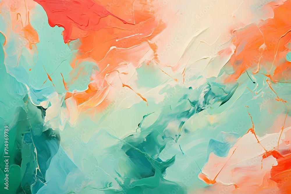 A tapestry of jade and coral brushstrokes converging, forming a dynamic and lively abstract painting on the canvas.
