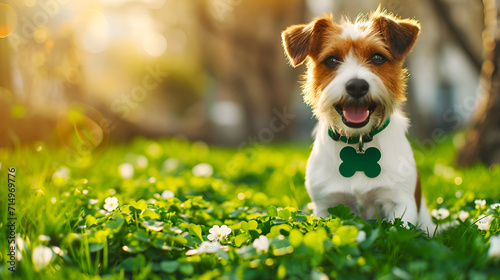 Joyful dog among clovers on St. Patrick's. Pet enjoying St. Patrick's Day outdoors. Happy dog with clover necklace in spring photo