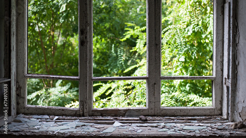 open window with old wooden frame. old window. finely broken glass. old house  retro. cracked window frame. cracked old paint  pieces of glass. space for text. large pieces of glass. close-up