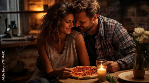Cozy and inviting scene of a couple sharing a pizza on a romantic date night at home, the pizza placed on a charming checkered cloth, enhancing the intimate and loving atmosphere