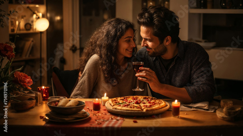 Cozy and inviting scene of a couple sharing a pizza on a romantic date night at home, the pizza placed on a charming checkered cloth, enhancing the intimate and loving atmosphere