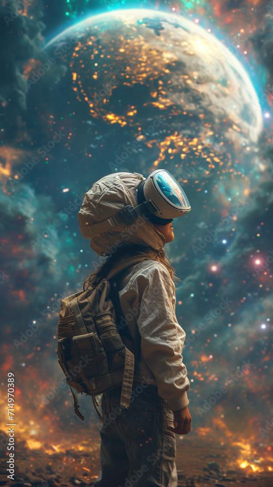 Beautiful young girl using VR helmet while touching air in colorful neon lights. Girl in glasses of virtual reality with flowing hair over dark magic space background. AI Generative Beautiful young girl using VR helmet while touching air in colorful neon lights. Girl in glasses of virtual reality with flowing hair over dark magic space background. AI Generative