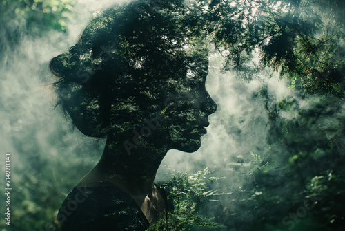 Forest Whisper: Woman Merged with Misty Woods