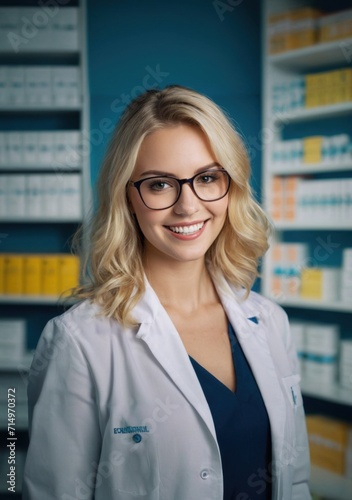 Smiling beauty doctor woman with big breast, clinic background