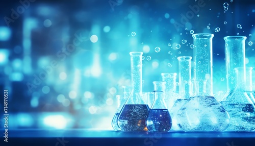 Abstract science background with laboratory glassware and bokeh lights. photo