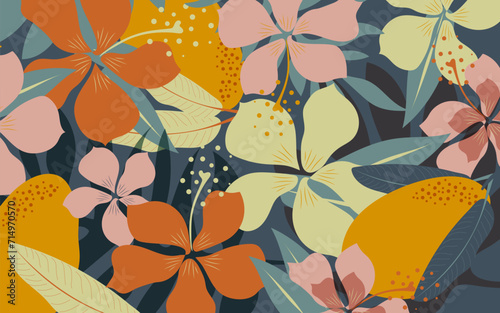 Hibiscus and mango form a contemporary tropical abstract summer floral fruit poster. Vector.