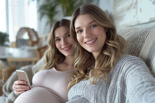 Two pregnant friends take a selfie on their phone at home
