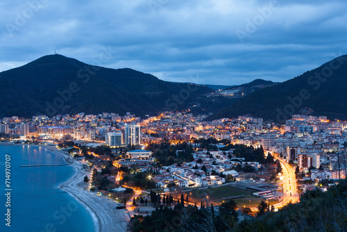 Top view of the Budva city at twilight time