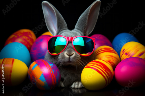 Easter bunny or rabbit in neon sunglasses with colorful Easter eggs on black background