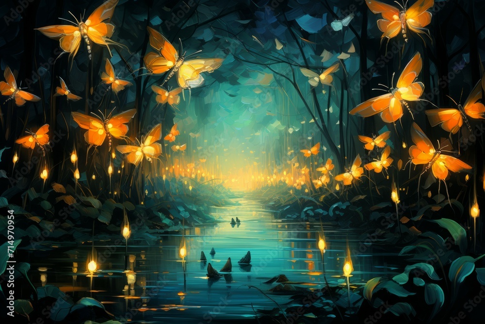 Fototapeta premium Luminescent spirit fireflies in Fantasy - Generative AI