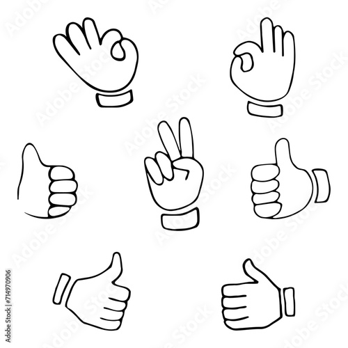 Set of hand gestures showing positive emotions: V sign for victory or peace, hand showing ok, thumb up, like. Hand drawn vector doodles in line style, sketch style.