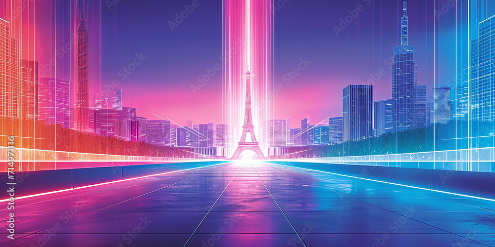 light bright saturated nona modern abstract illusstration with free space for text Dive into the Paris 2024 experience with a futuristic visual marvel. Iconic Parisian landmarks blend harmoniously wit
