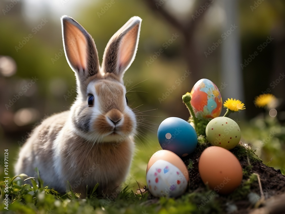 Osterhase mit Ostereiern im Garten Osterhase mit Ostereiern im Garten