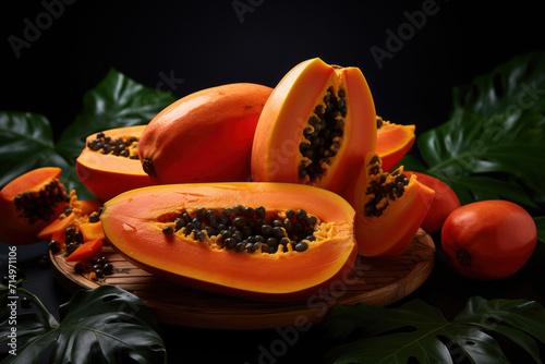 Ripe Papaya Slices with Tropical Leaves on Wooden Plate