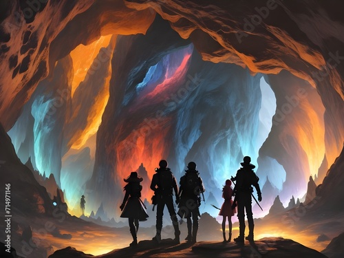 Illustration eine Gruppe von Abenteurern in einer geheimnisvoll beleuchteten Höhle photo