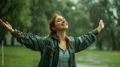 Happy beautiful woman with open arms under the rain, enjoying the rain outdoors.